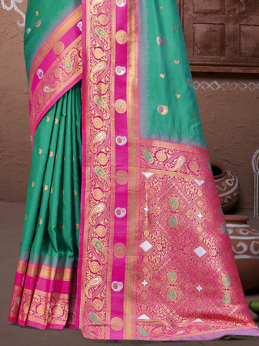 Teal Silk Saree With Blouse Piece
