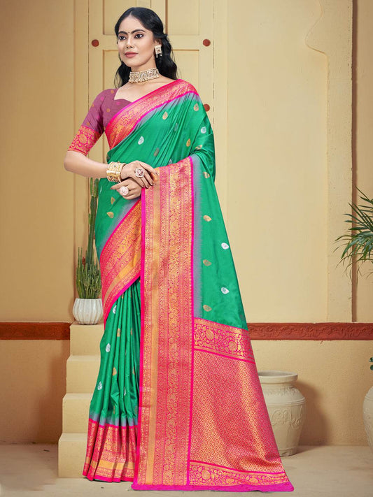 Teal Silk Saree With Blouse Piece