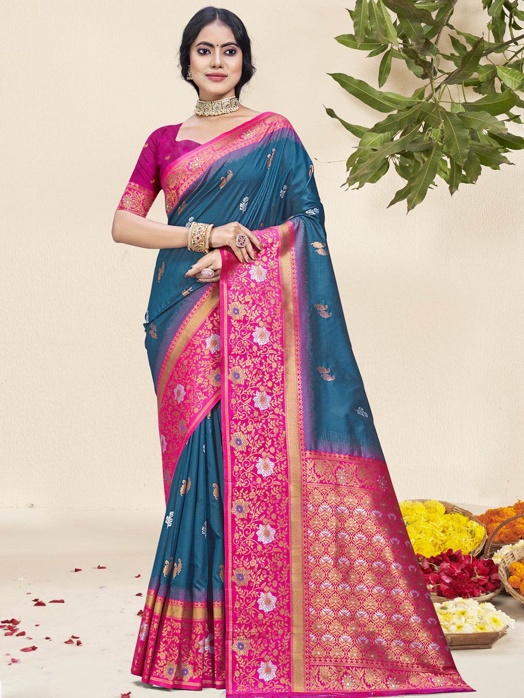 Blue Silk Saree With Blouse Piece