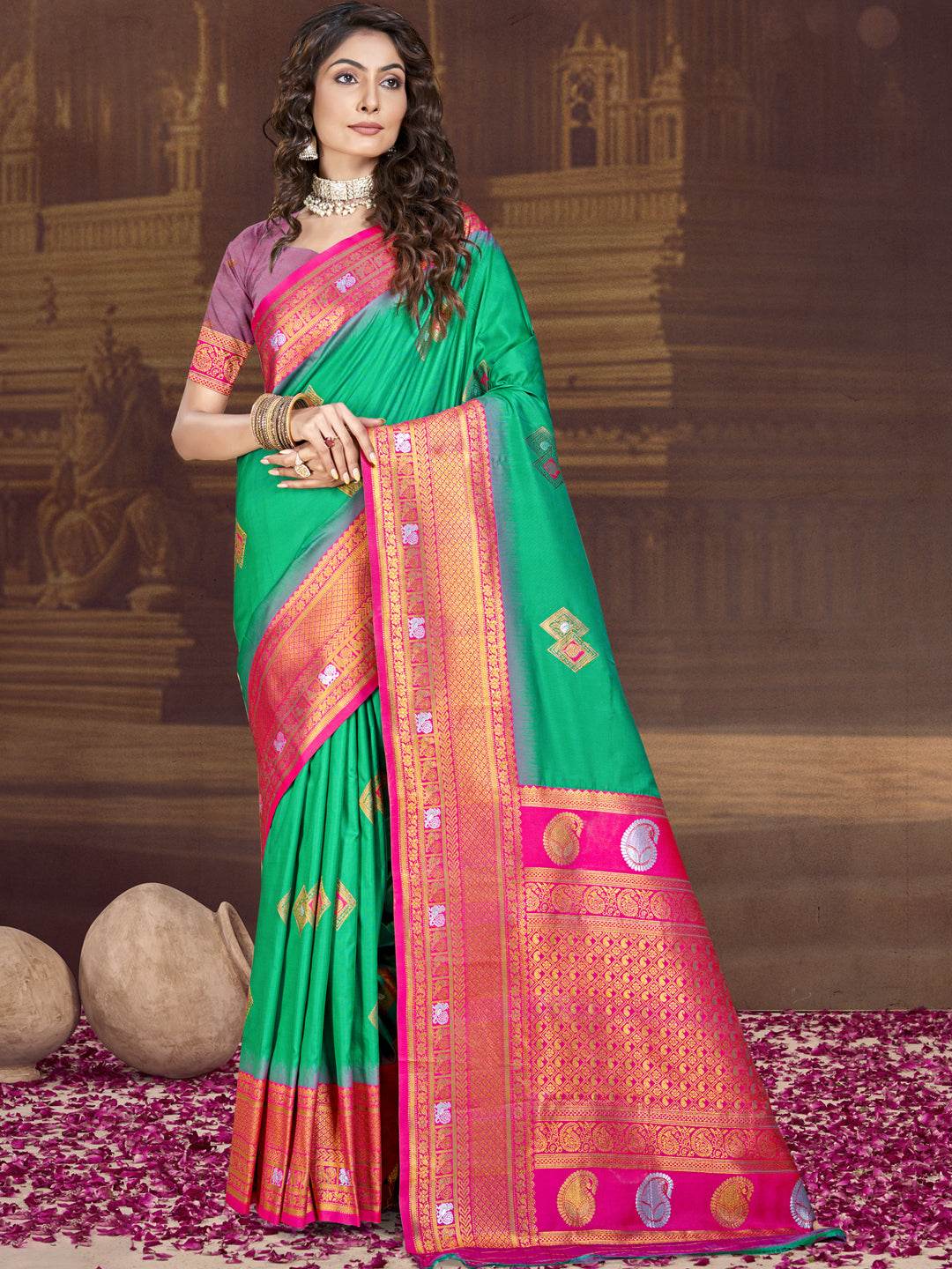 Teal Silk Saree With Blouse Piece