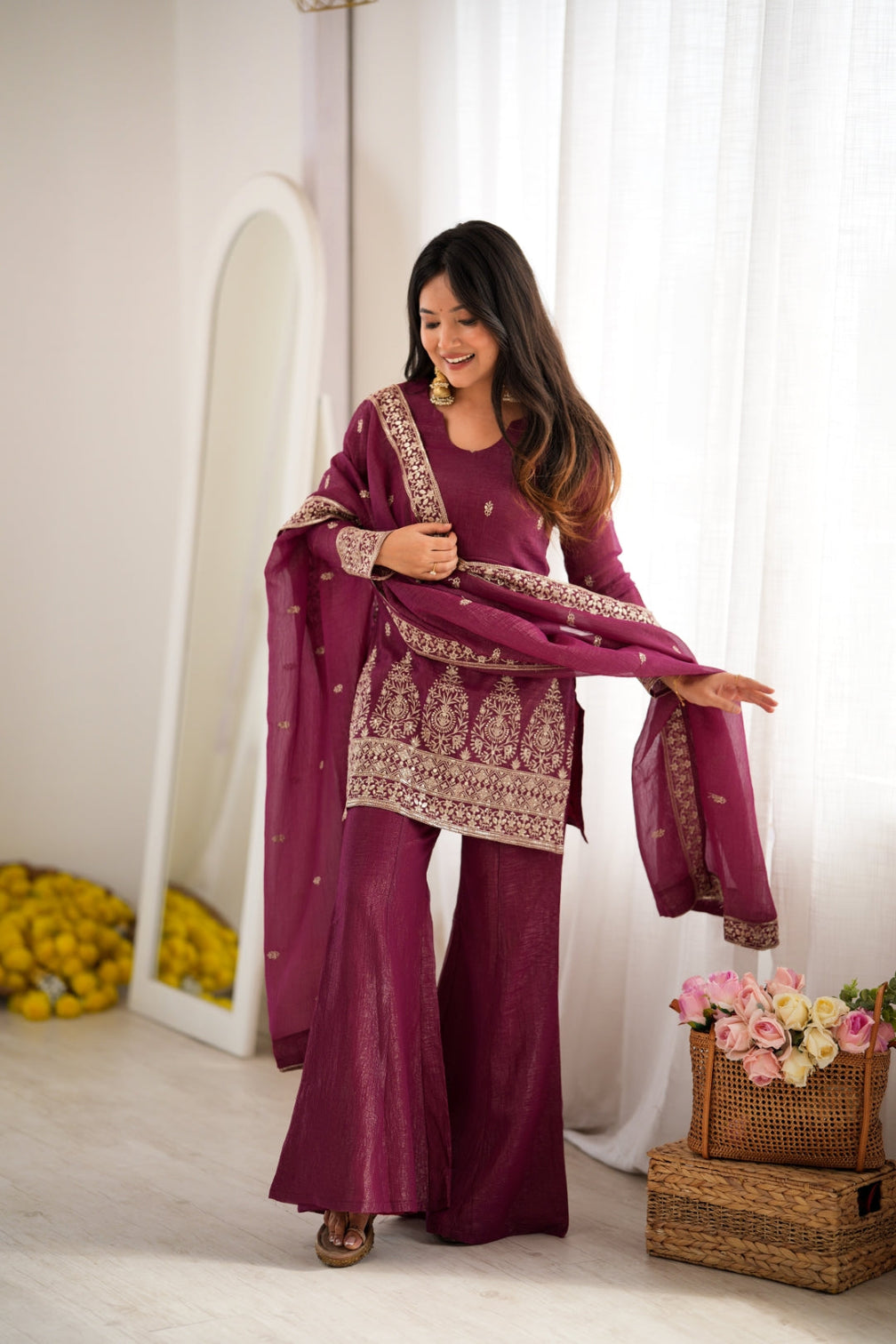 Burgandy Silk Kurta with Bell Bottom Pant
