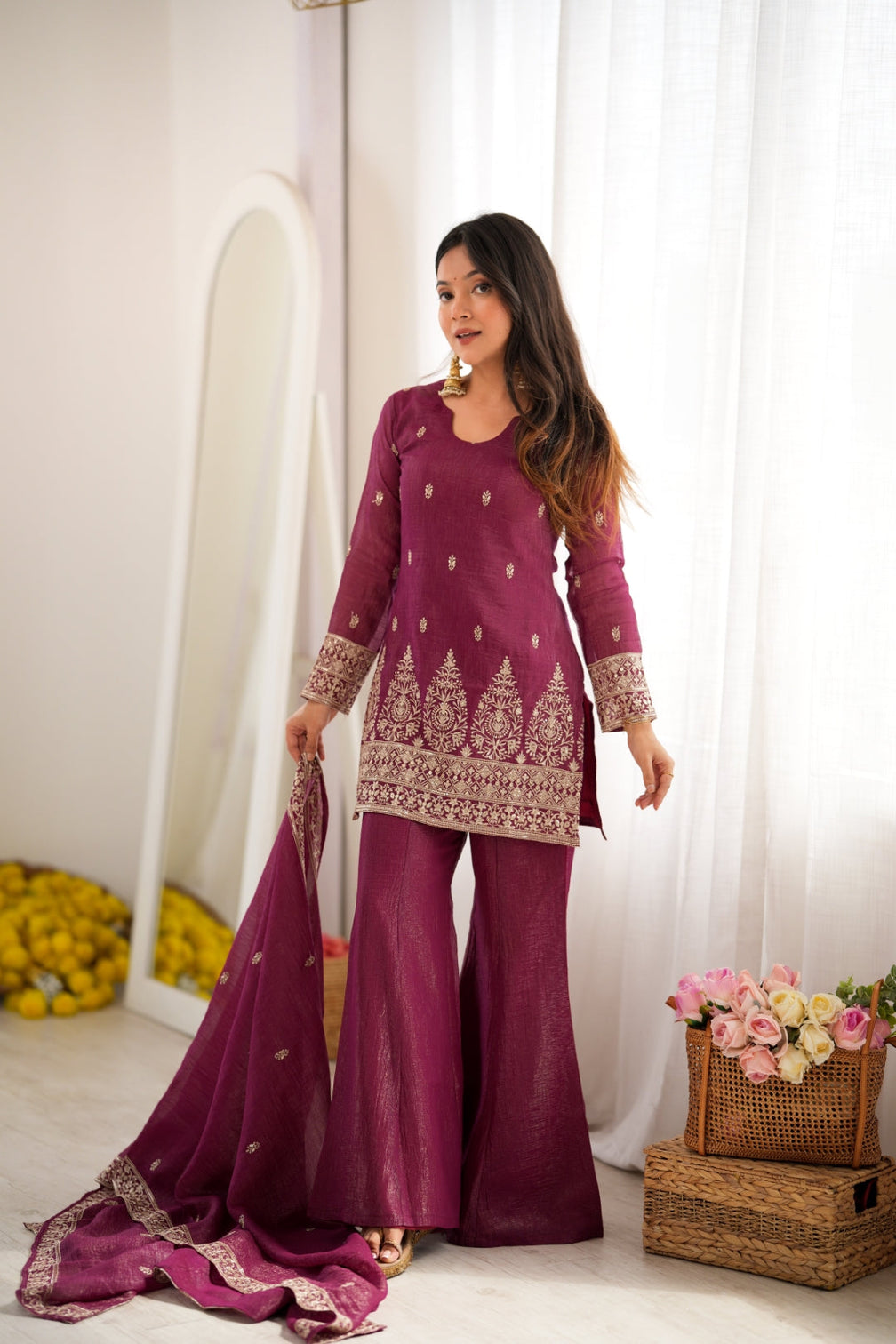 Burgandy Silk Kurta with Bell Bottom Pant