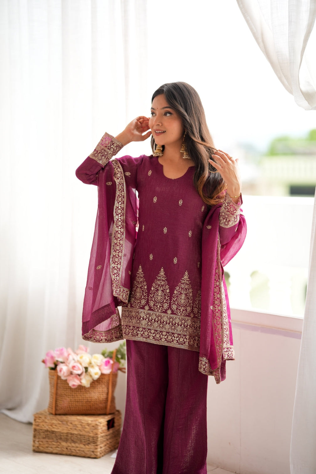 Burgandy Silk Kurta with Bell Bottom Pant
