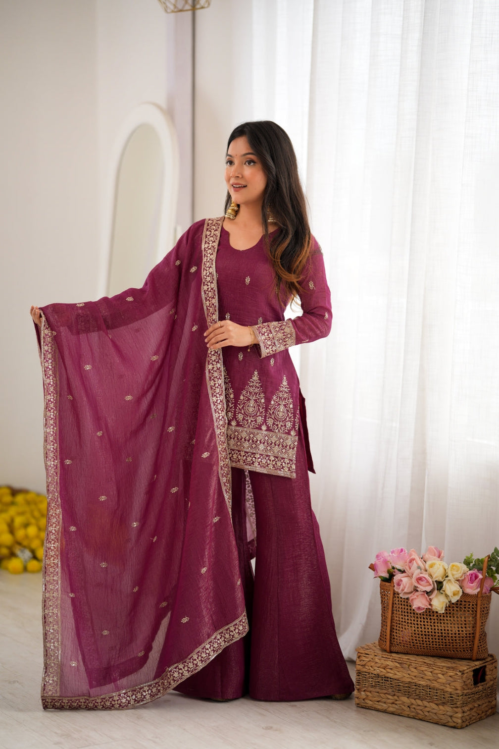 Burgandy Silk Kurta with Bell Bottom Pant