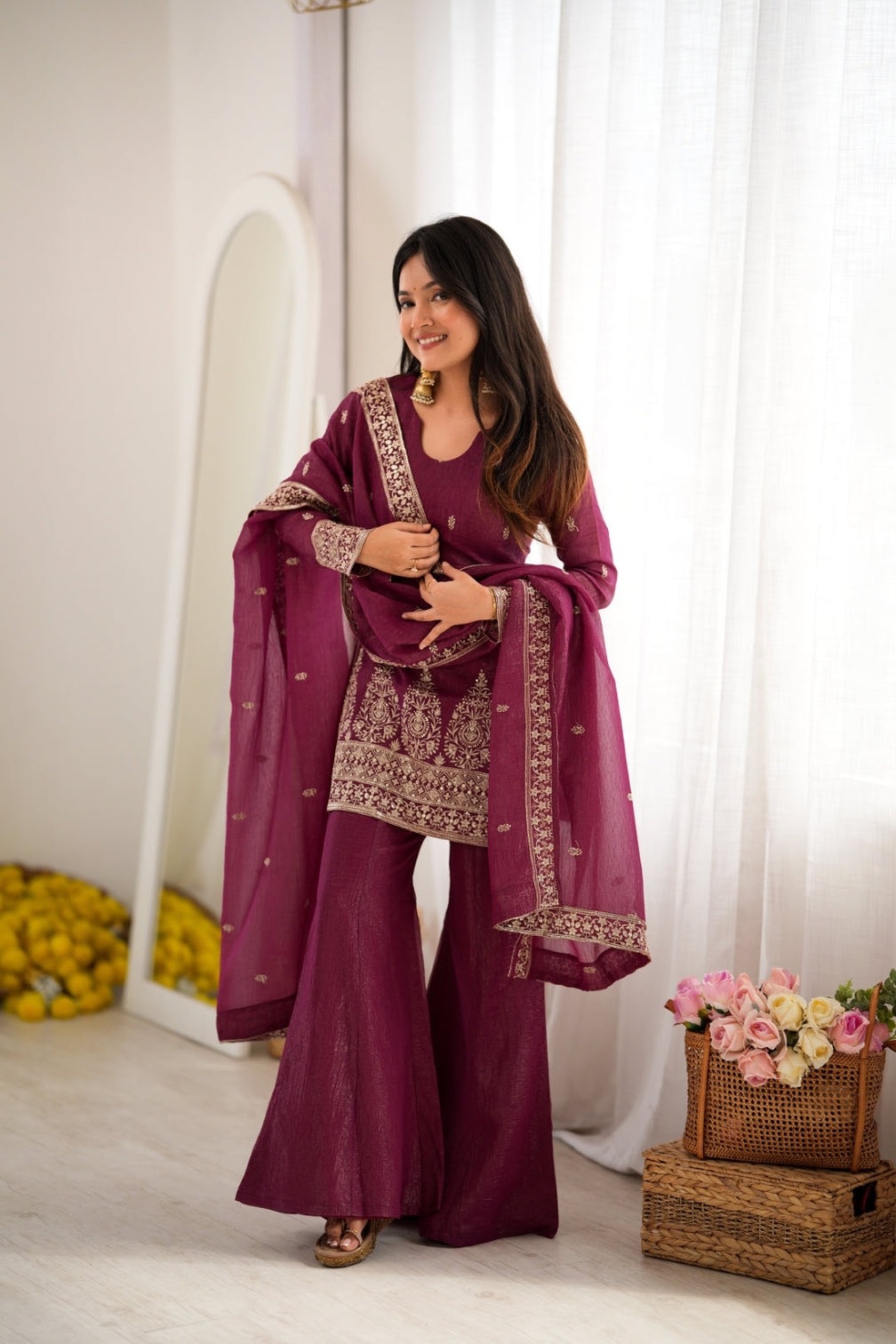 Burgandy Silk Kurta with Bell Bottom Pant