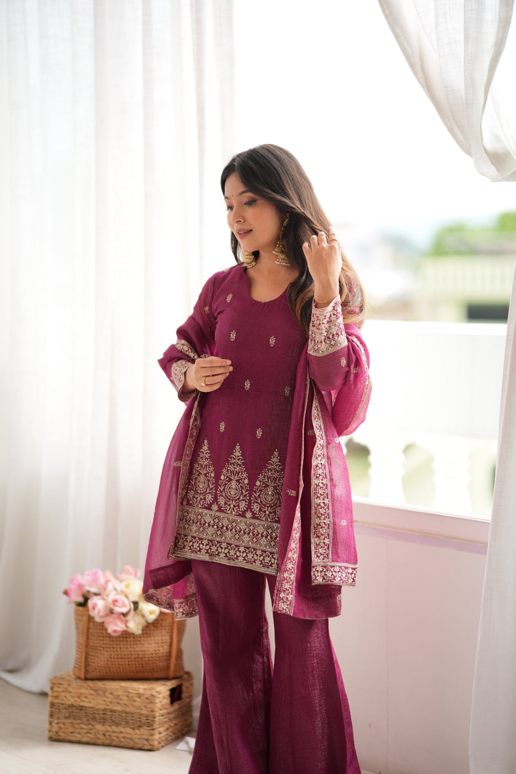 Burgandy Silk Kurta with Bell Bottom Pant