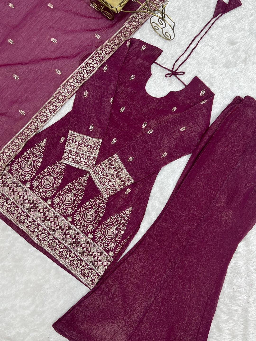 Burgandy Silk Kurta with Bell Bottom Pant