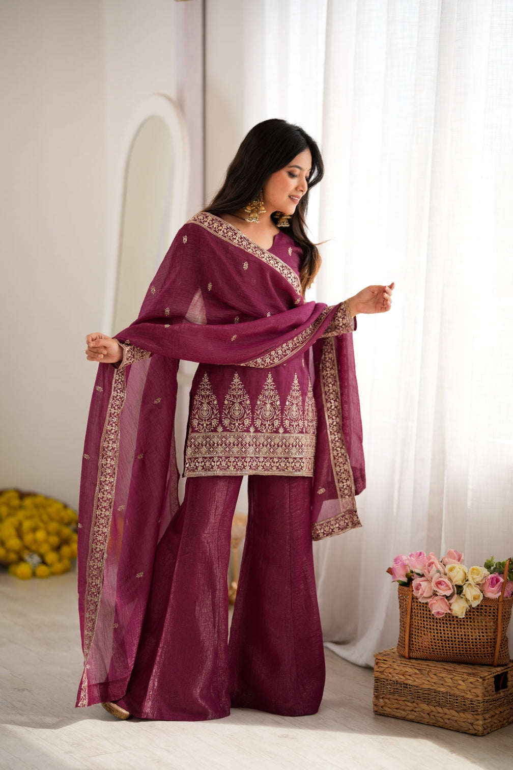 Burgandy Silk Kurta with Bell Bottom Pant