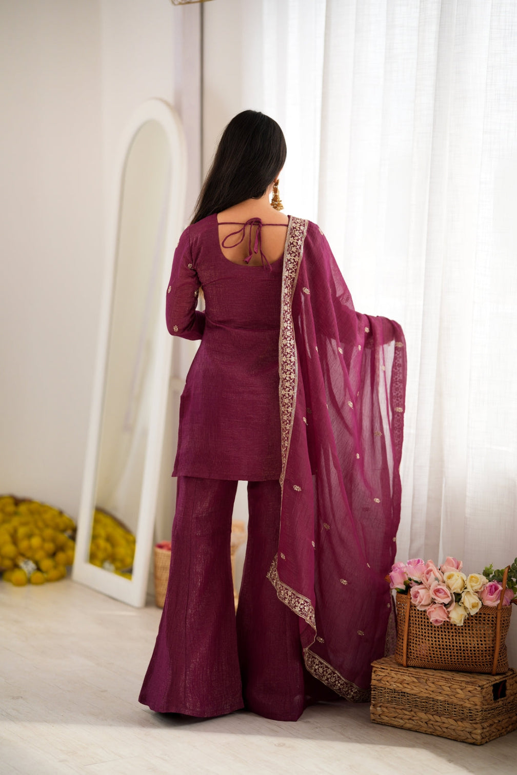Burgandy Silk Kurta with Bell Bottom Pant