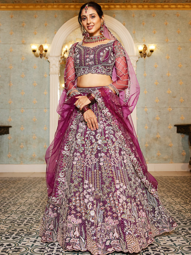 Burgundy Elegant Multi-Color Sequin Embroidered Net Lehenga Choli Dupatta