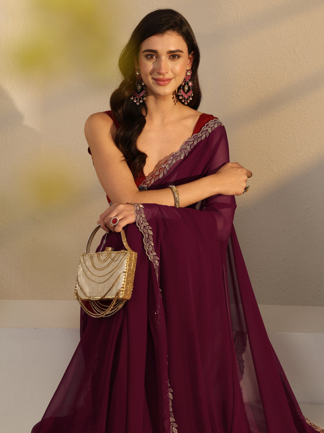 Mameraa Burgundy Embellished Border Georgette Saree With Unstitched Blouse Piece