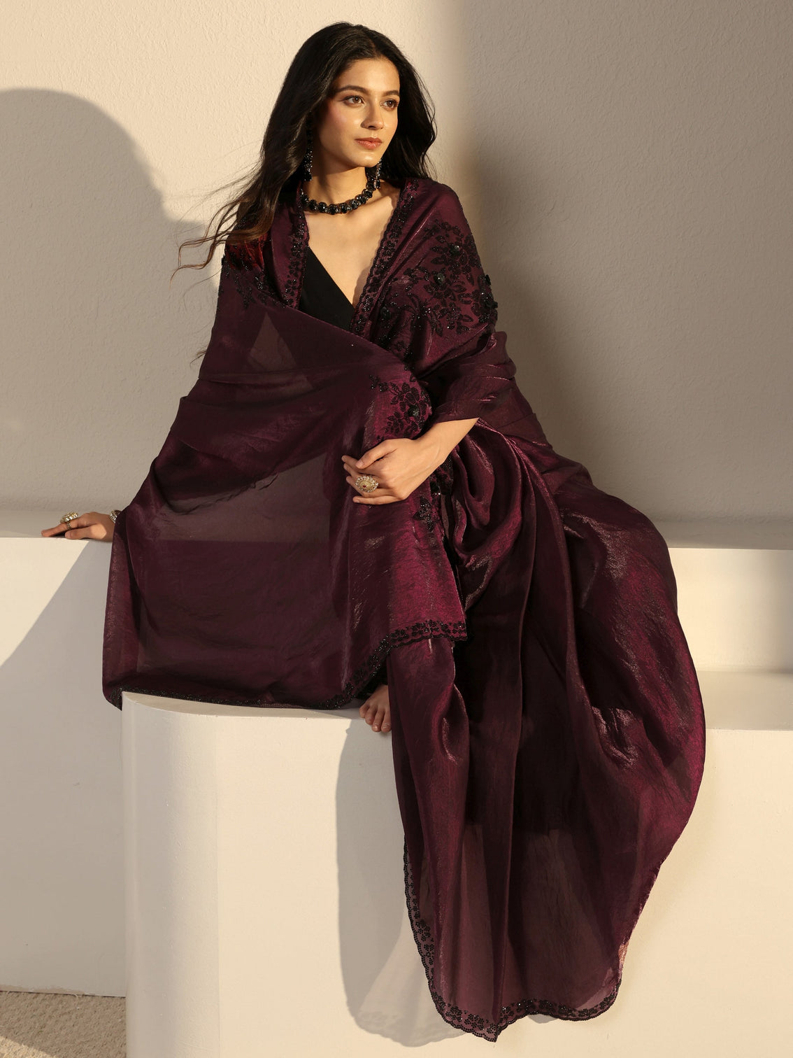 Mameraa Burgundy Embellished Tissue Saree With Unstiched Blouse Piece