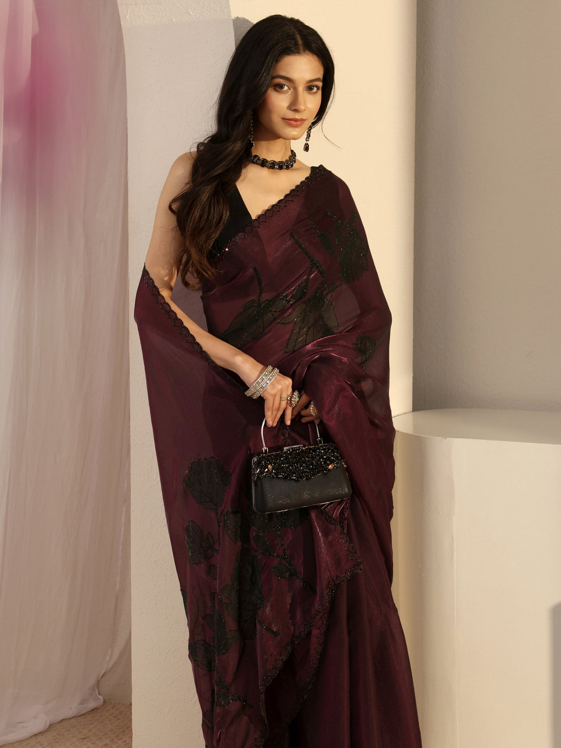 Mameraa Burgundy Embellished Tissue Saree With Unstiched Blouse Piece