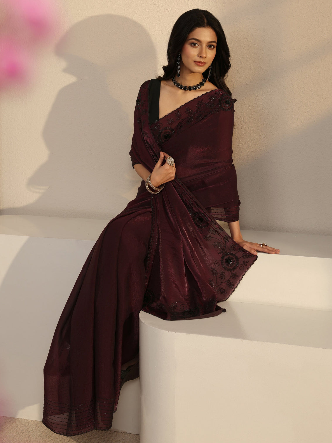 Mameraa Burgundy Embellished Tissue Saree With Unstiched Blouse Piece