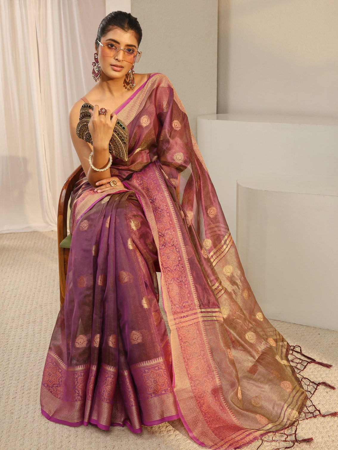 Mameraa Burgundy Jacquard Woven Design Silk Blend Saree