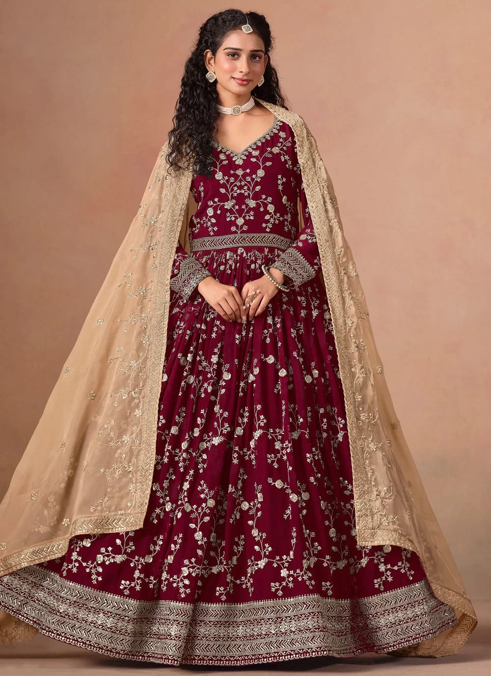 Elegant burgundy faux georgette embroidered floor length anarkali suit with organza dupatta