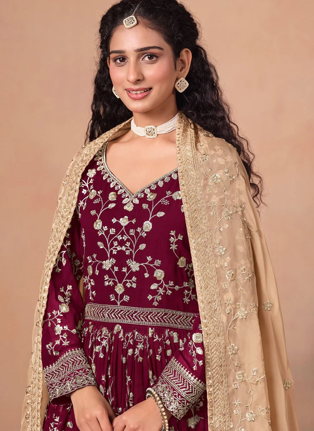 Elegant burgundy faux georgette embroidered floor length anarkali suit with organza dupatta