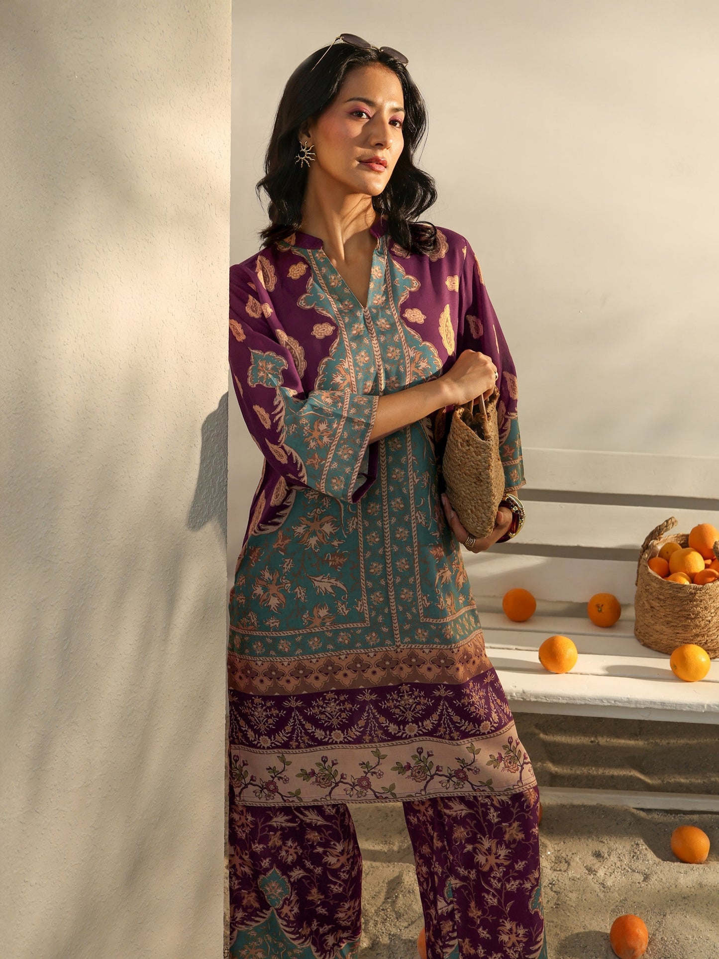 Libas Burgundy Floral Printed Cotton Blend Co-Ord Set