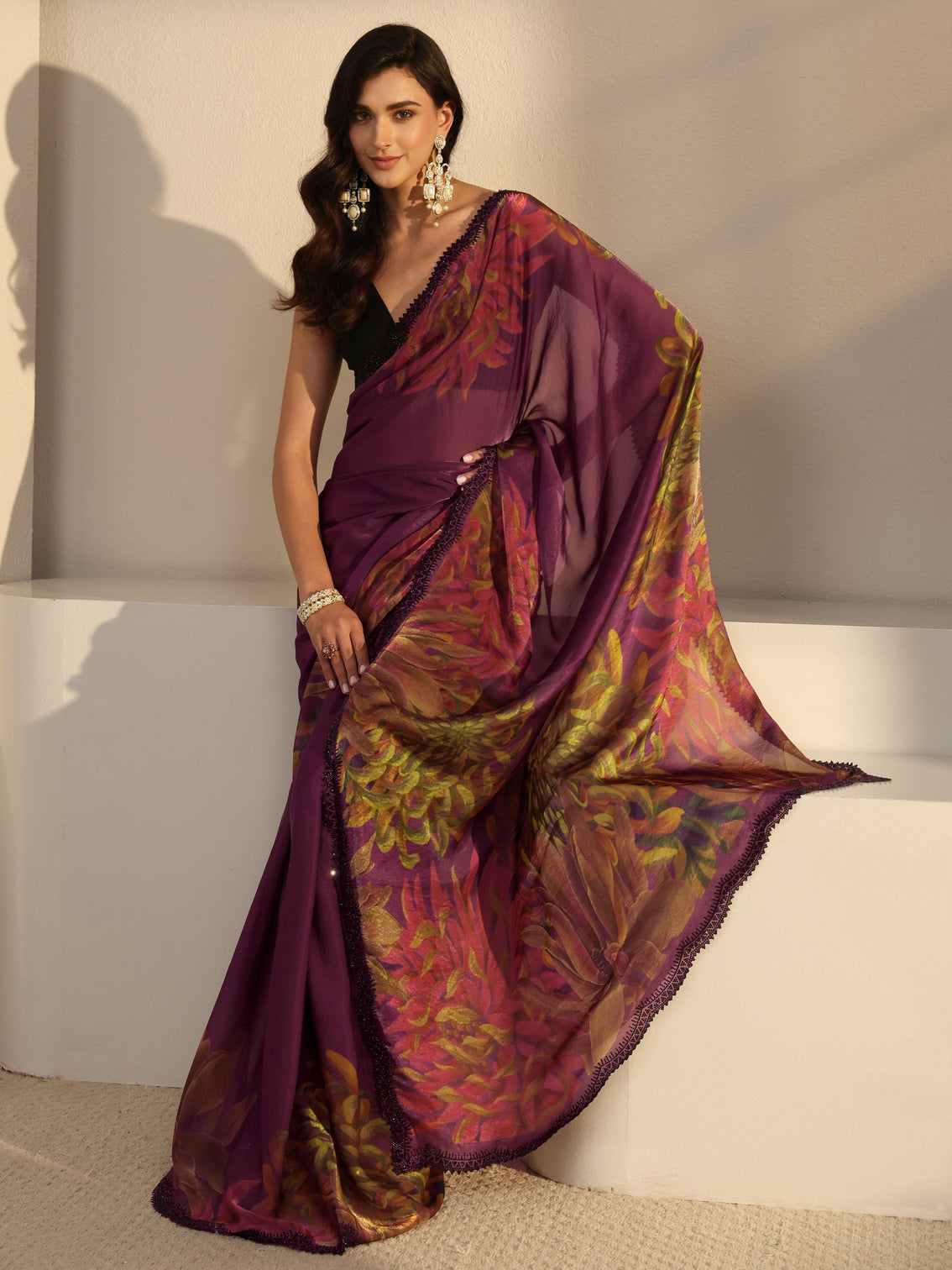 Mameraa Burgundy Floral Printed Satin Saree With Unstitched Blouse Piece