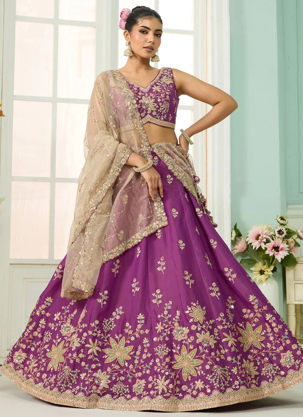 Majestic burgundy georgette lehenga with sequins stone embroidery