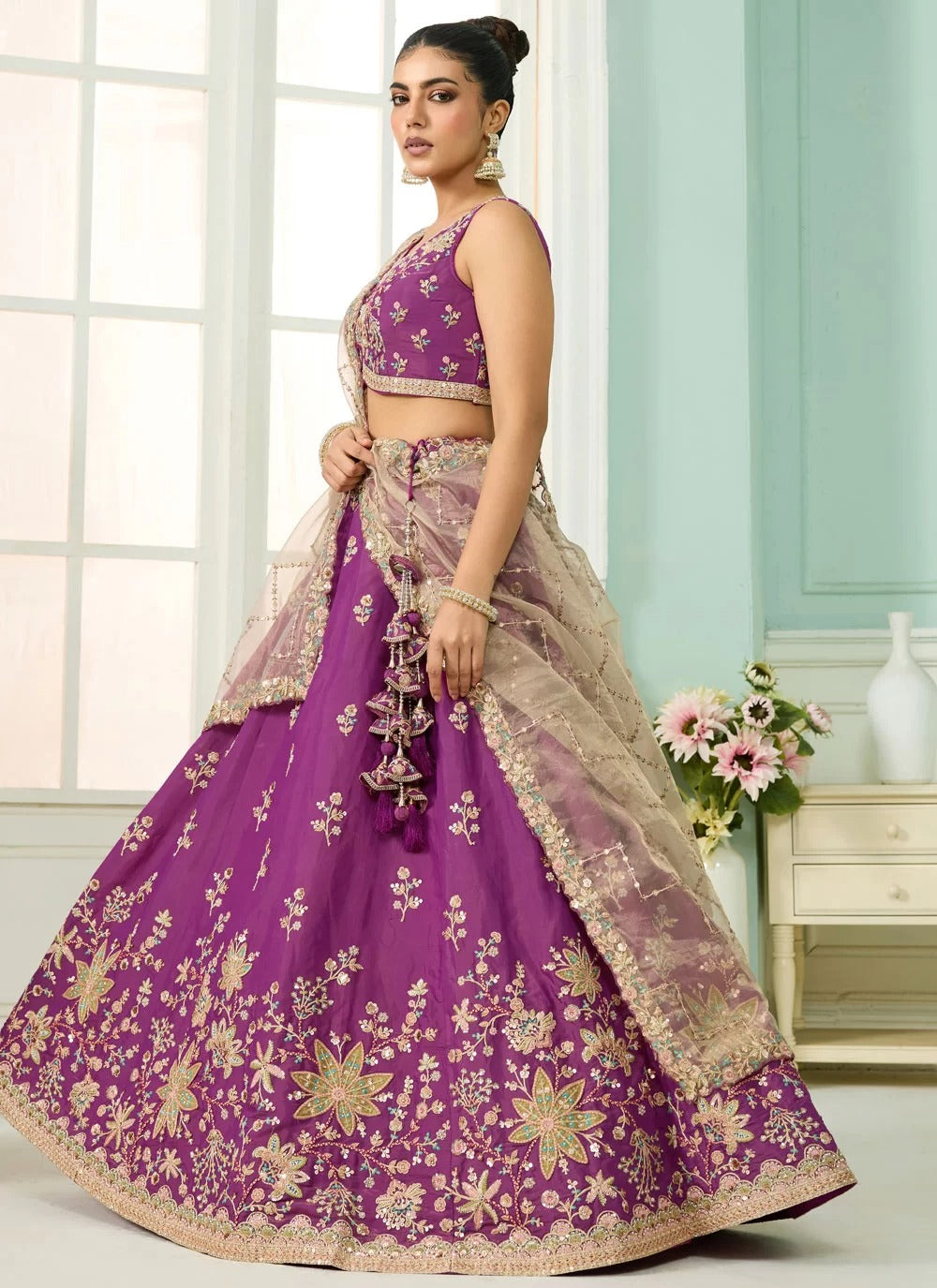 Majestic burgundy georgette lehenga with sequins stone embroidery