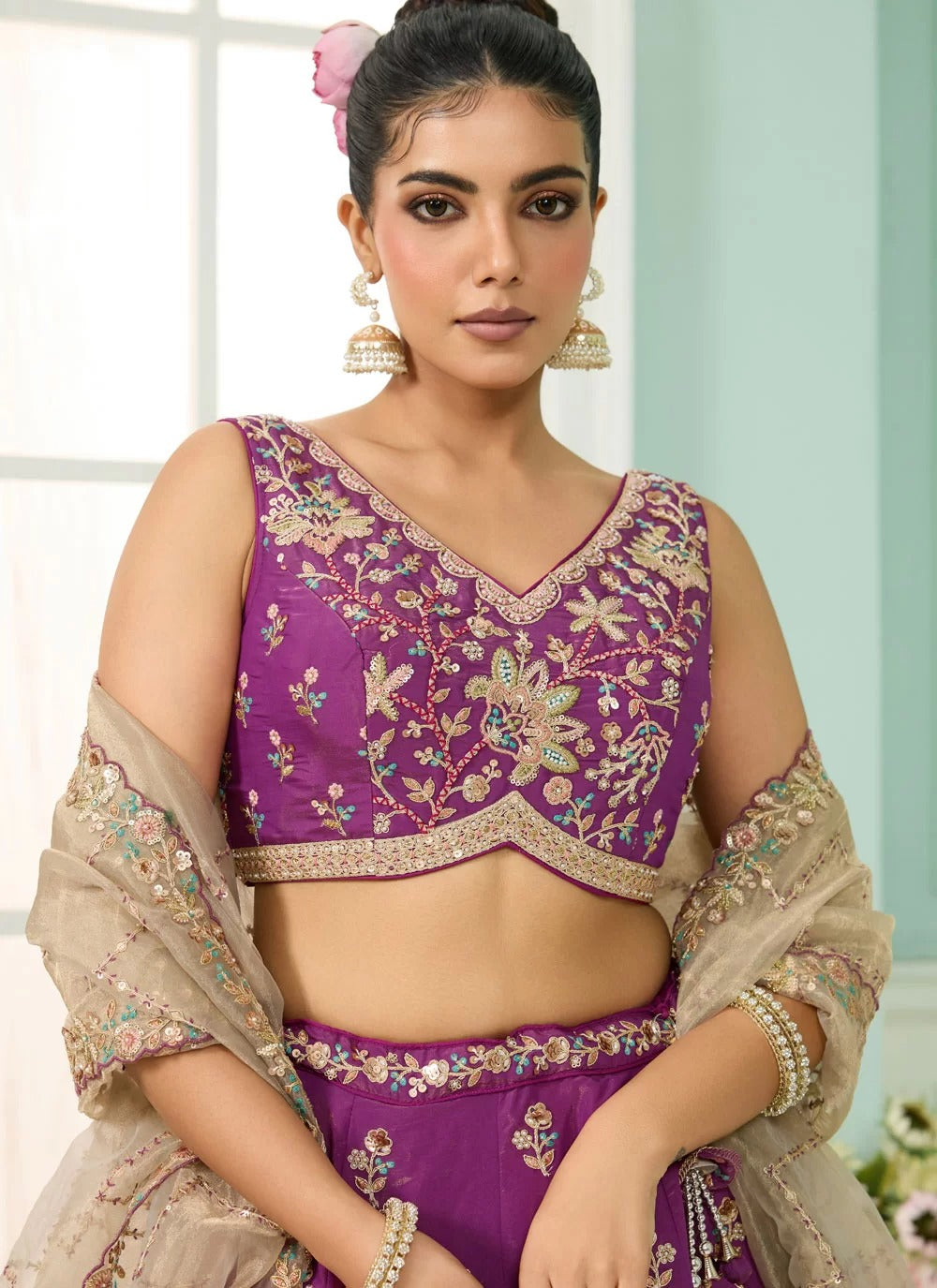 Majestic burgundy georgette lehenga with sequins stone embroidery