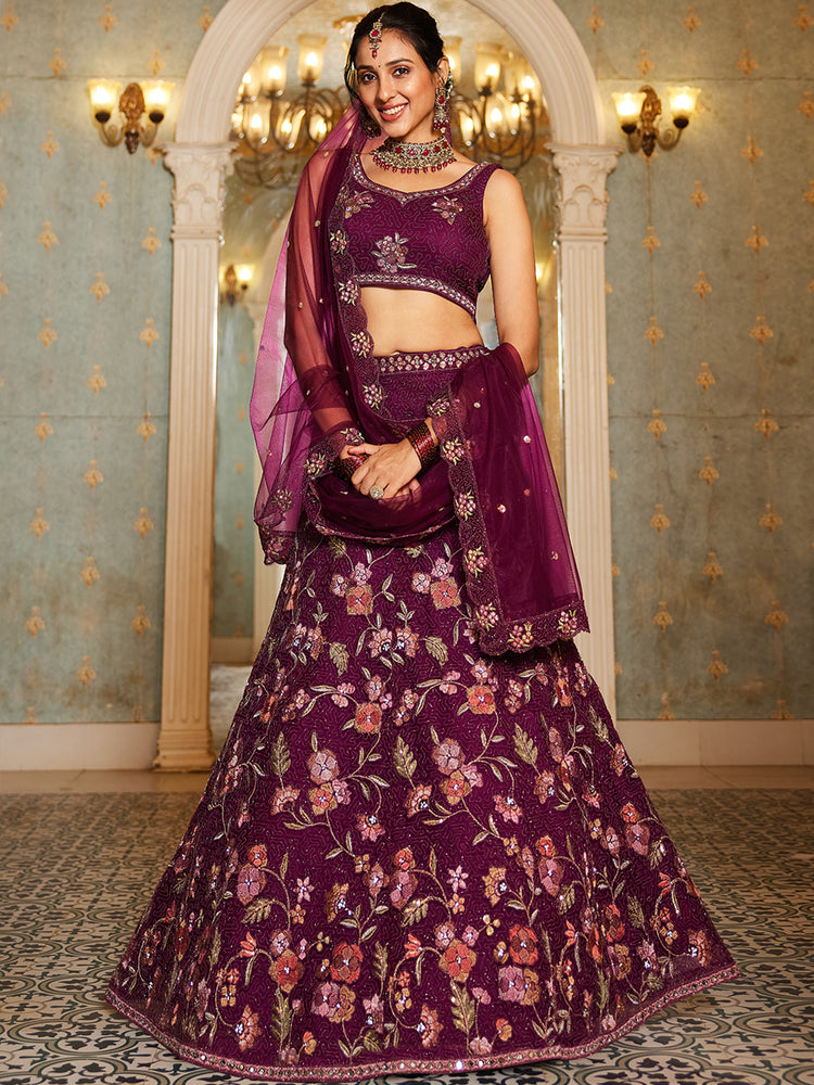 Burgundy Gorgeous Net Lehenga Choli Set with Heavy Sequins and Thread Embroidery