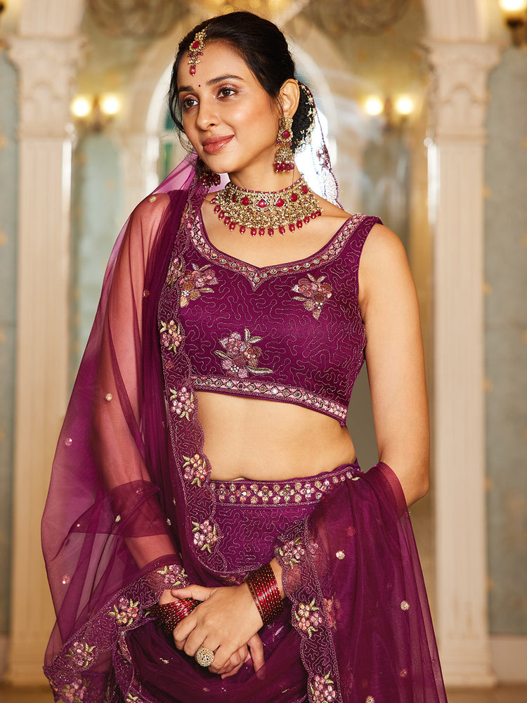 Burgundy Gorgeous Net Lehenga Choli Set with Heavy Sequins and Thread Embroidery