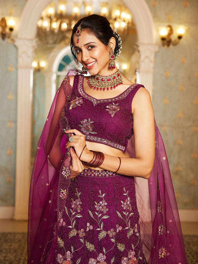 Burgundy Gorgeous Net Lehenga Choli Set with Heavy Sequins and Thread Embroidery