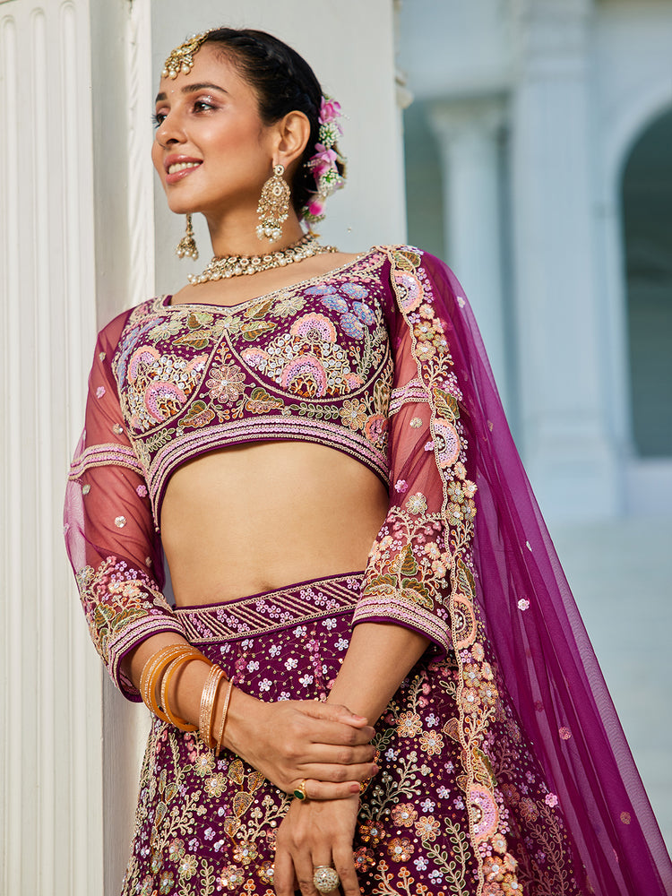 Burgundy Multi-Color Sequin Embroidered Net Lehenga Choli Dupatta Set