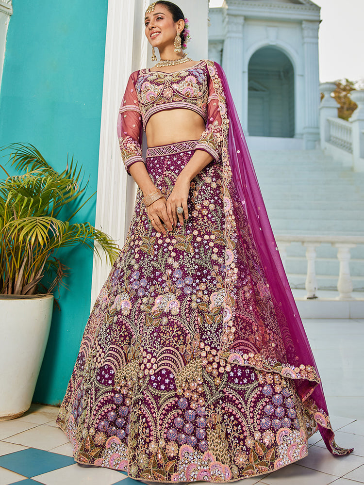Burgundy Multi-Color Sequin Embroidered Net Lehenga Choli Dupatta Set