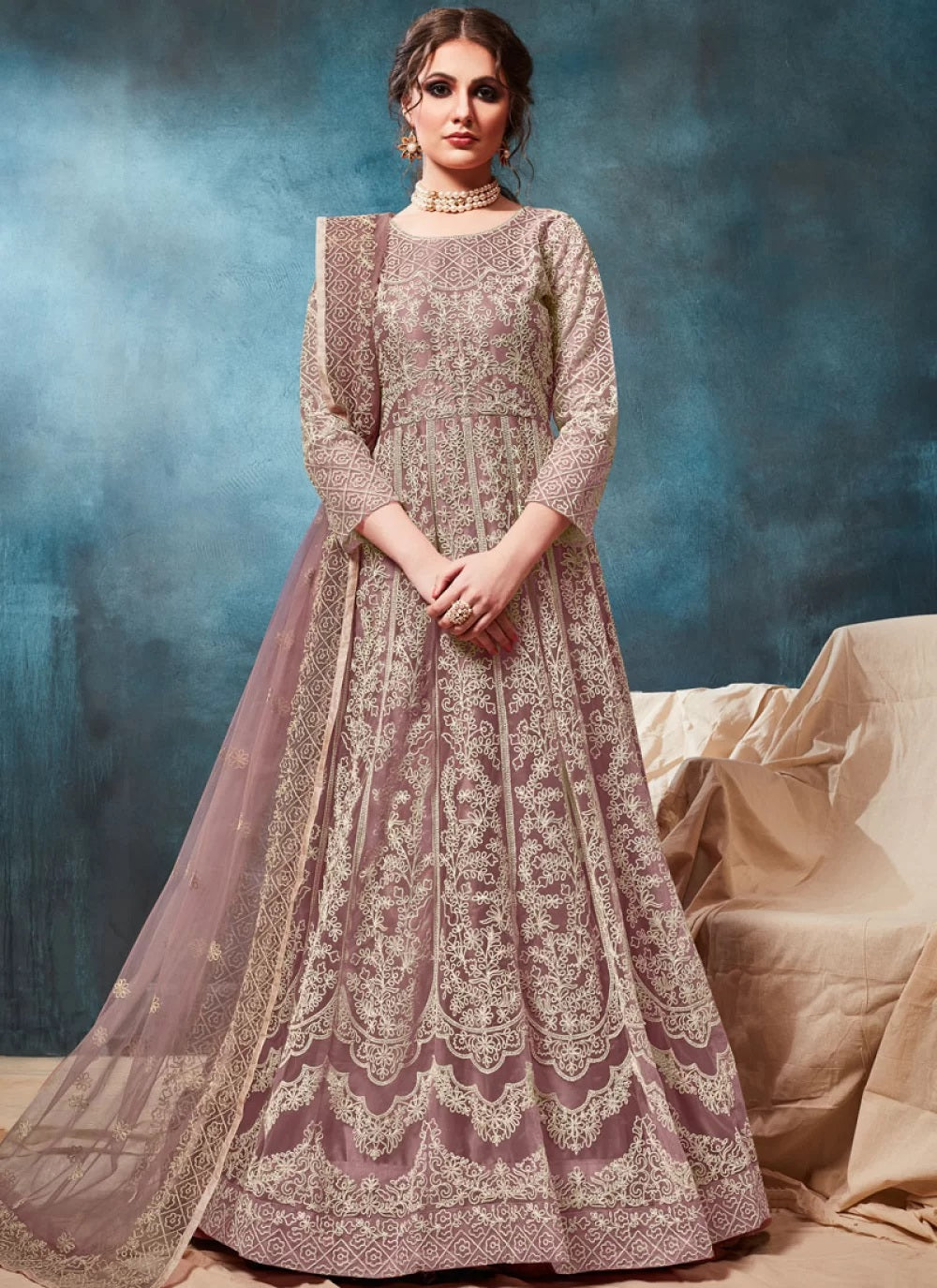 Burgundy net anarkali dress online