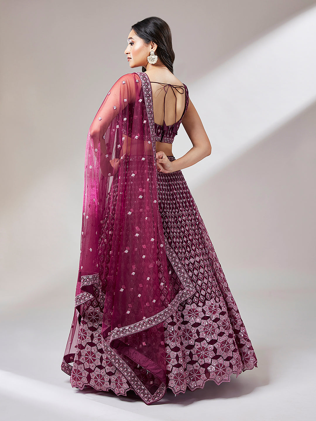 Burgundy Net heavy Sequinse embroidery Semi-Stitched Lehenga choli & Dupatta