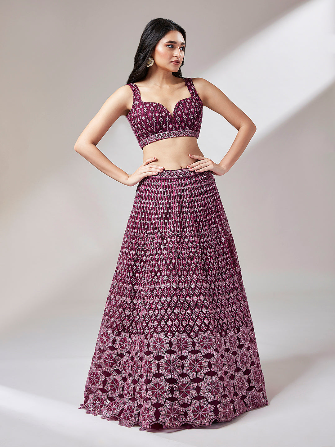 Burgundy Net heavy Sequinse embroidery Semi-Stitched Lehenga choli & Dupatta