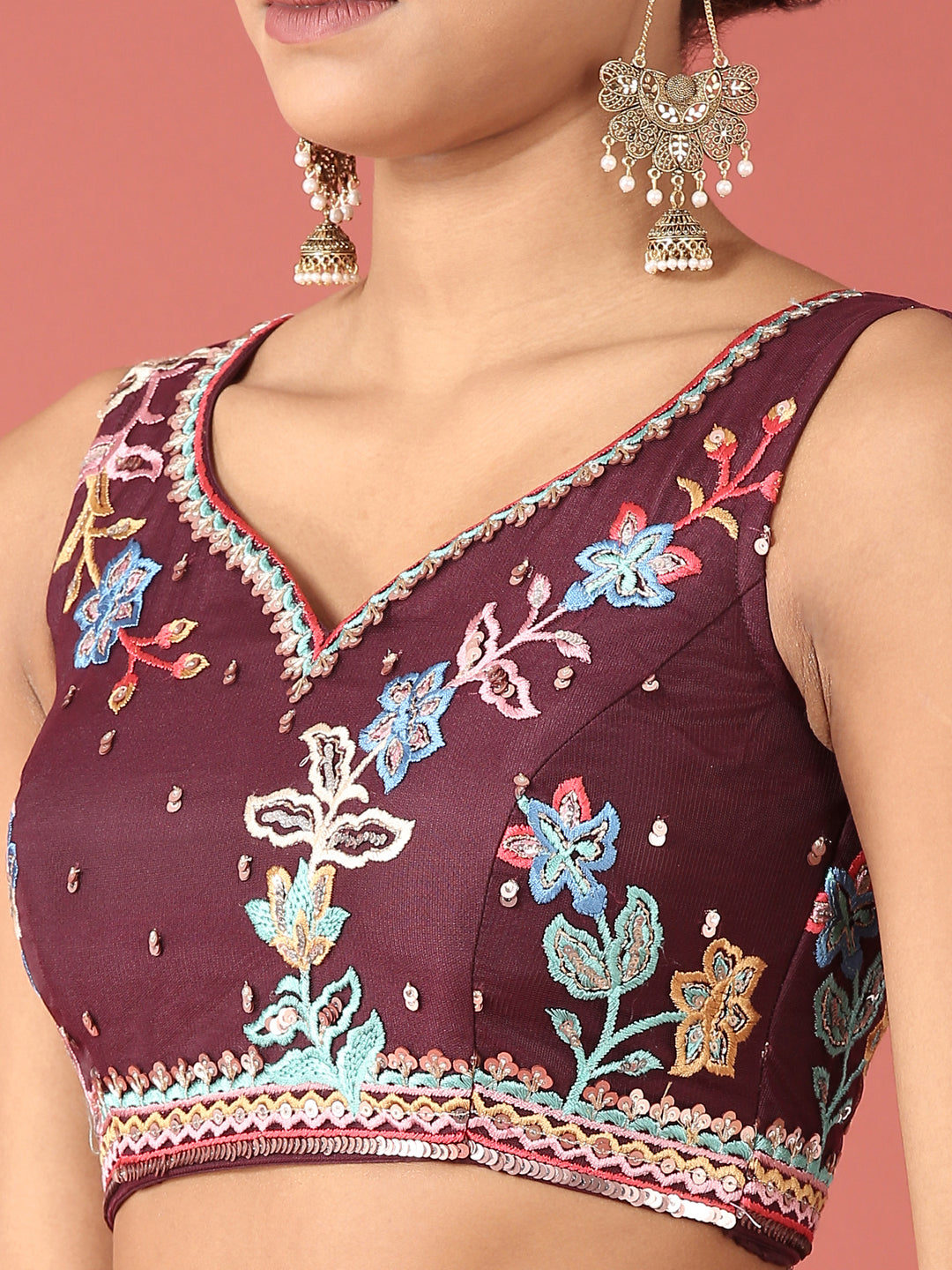 Burgundy Net Multi colour Thread & Sequinse Work Semi-Stitched Lehenga & Unstitched Blouse, Dupatta