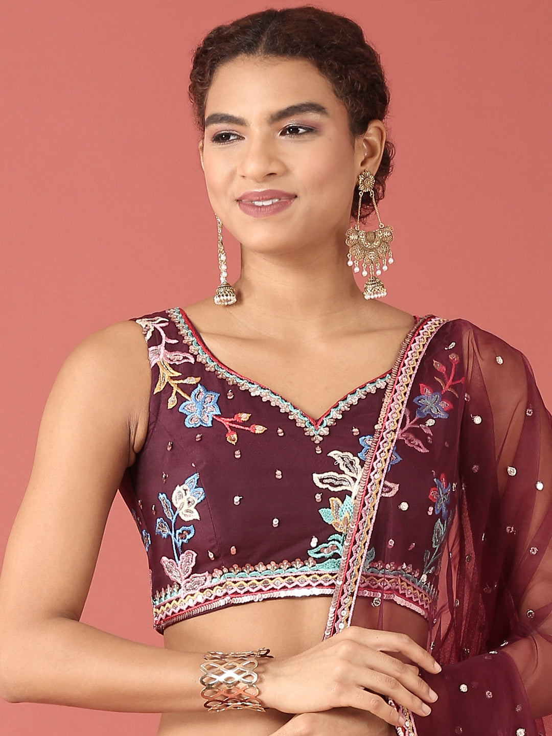 Burgundy Net Multi colour Thread & Sequinse Work Semi-Stitched Lehenga & Unstitched Blouse, Dupatta