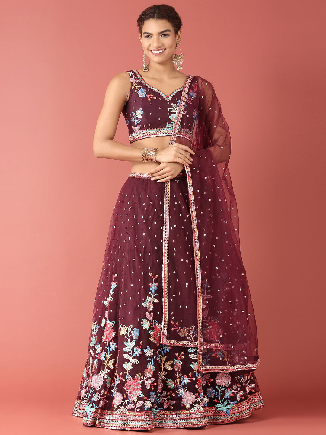 Burgundy Net Multi colour Thread & Sequinse Work Semi-Stitched Lehenga & Unstitched Blouse, Dupatta