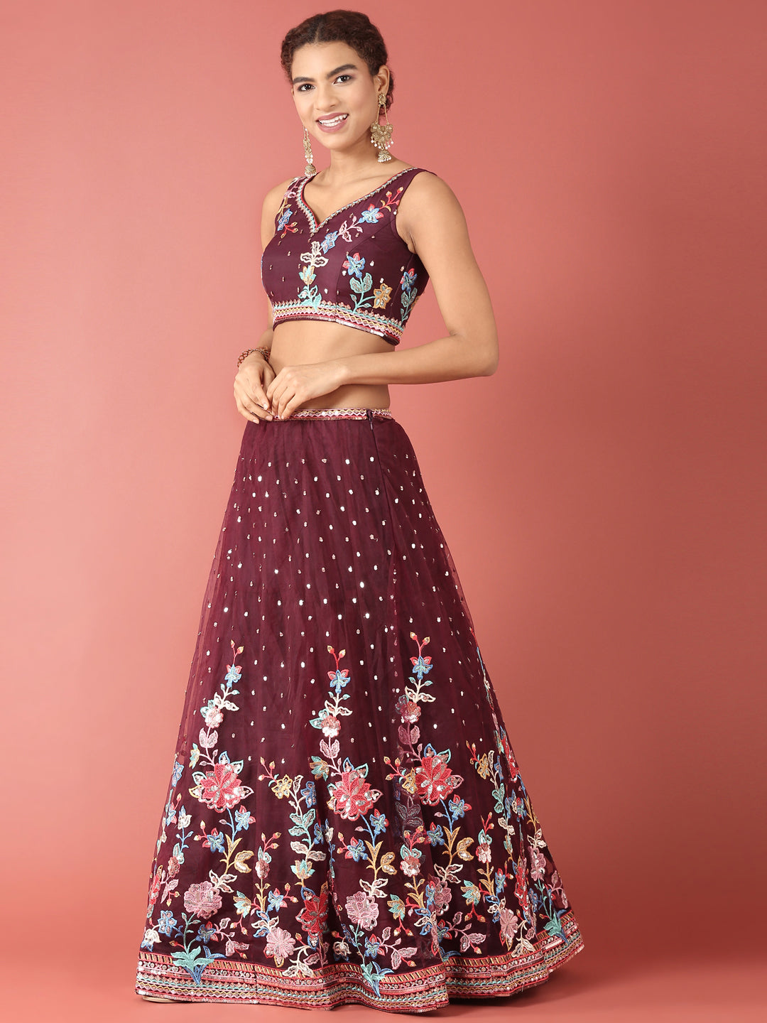 Burgundy Net Multi colour Thread & Sequinse Work Semi-Stitched Lehenga & Unstitched Blouse, Dupatta