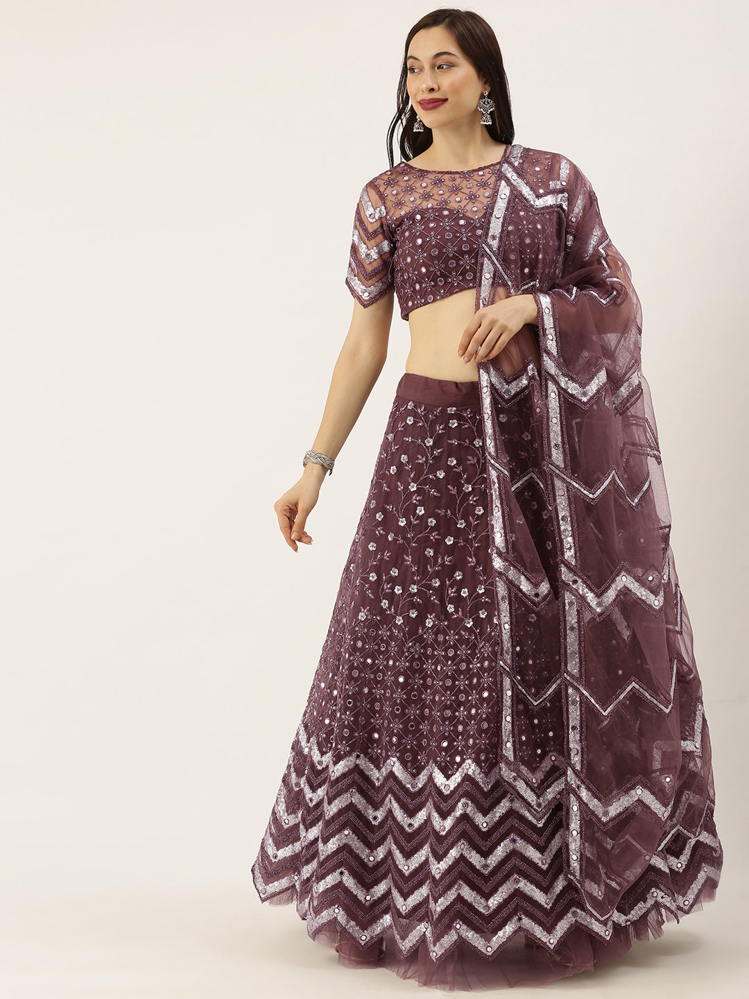 Burgundy Net Semi Stitched Coding, Sequins and Mirror work Lehenga Choli