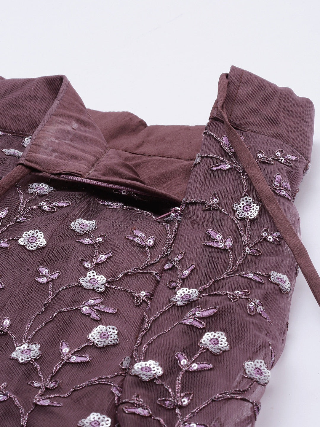 Burgundy Net Semi Stitched Coding, Sequins and Mirror work Lehenga Choli