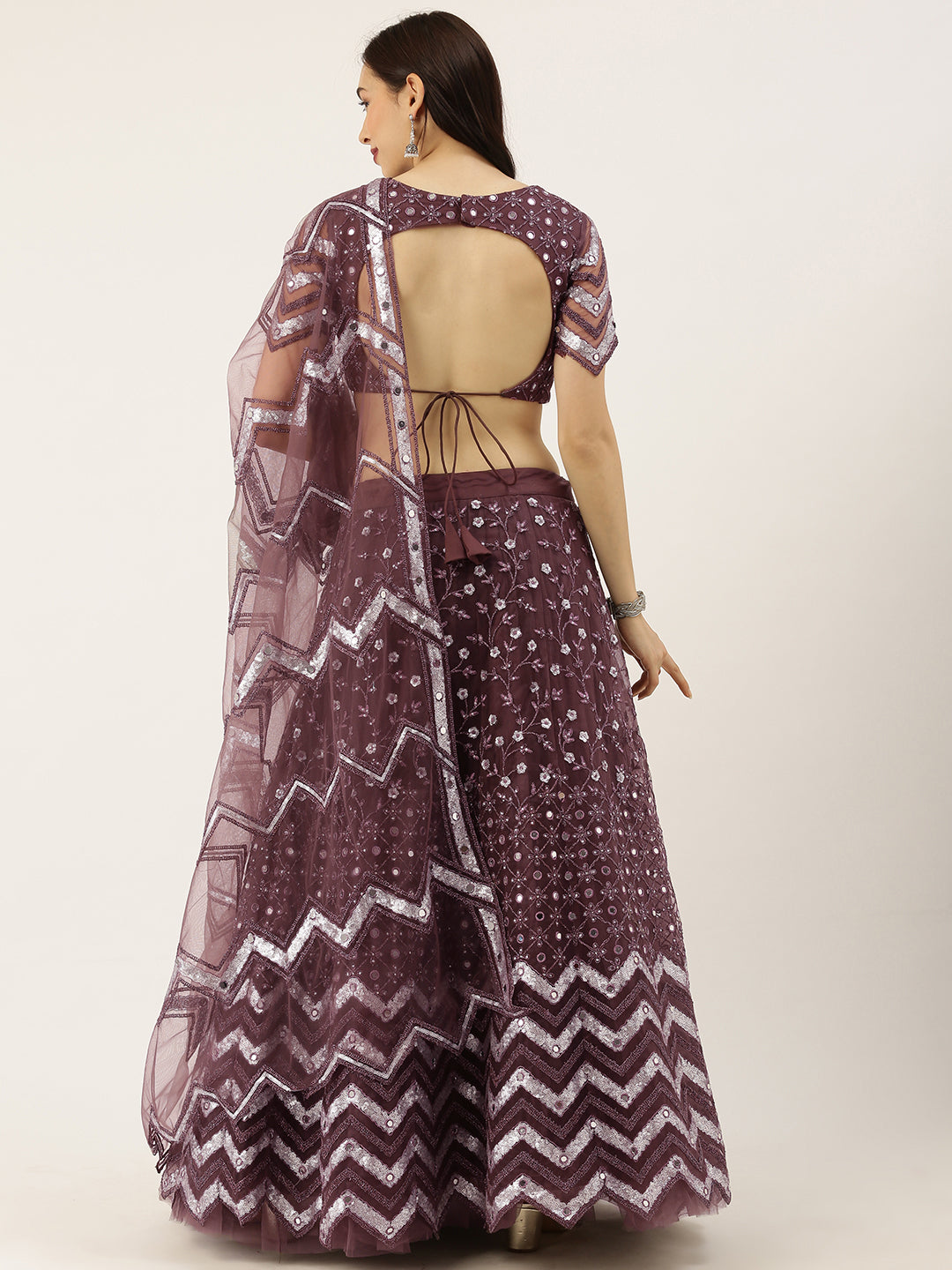 Burgundy Net Semi Stitched Coding, Sequins and Mirror work Lehenga Choli