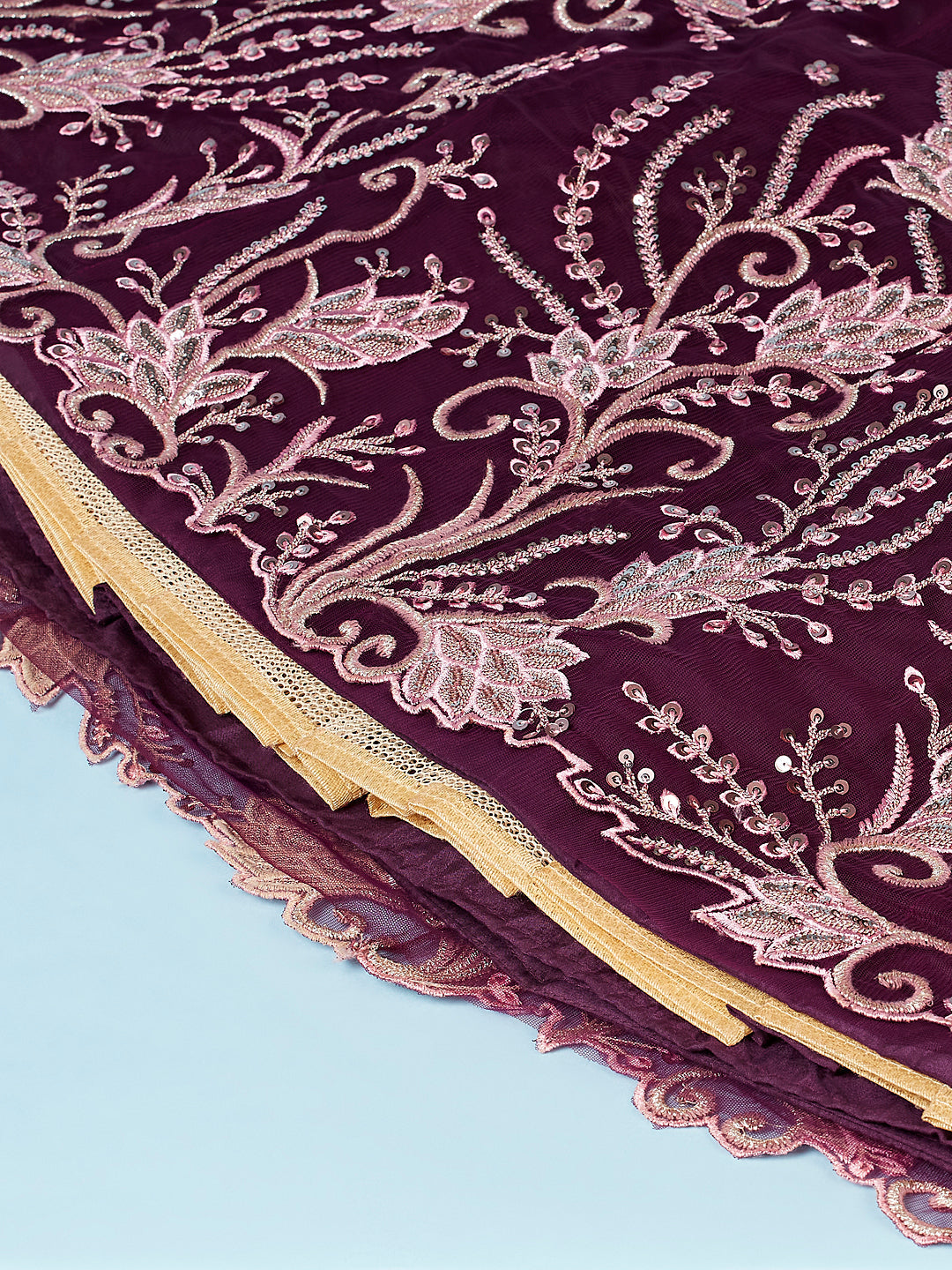 Burgundy Net Sequinse Work Semi-Stitched Lehenga & Unstitched Blouse, Dupatta