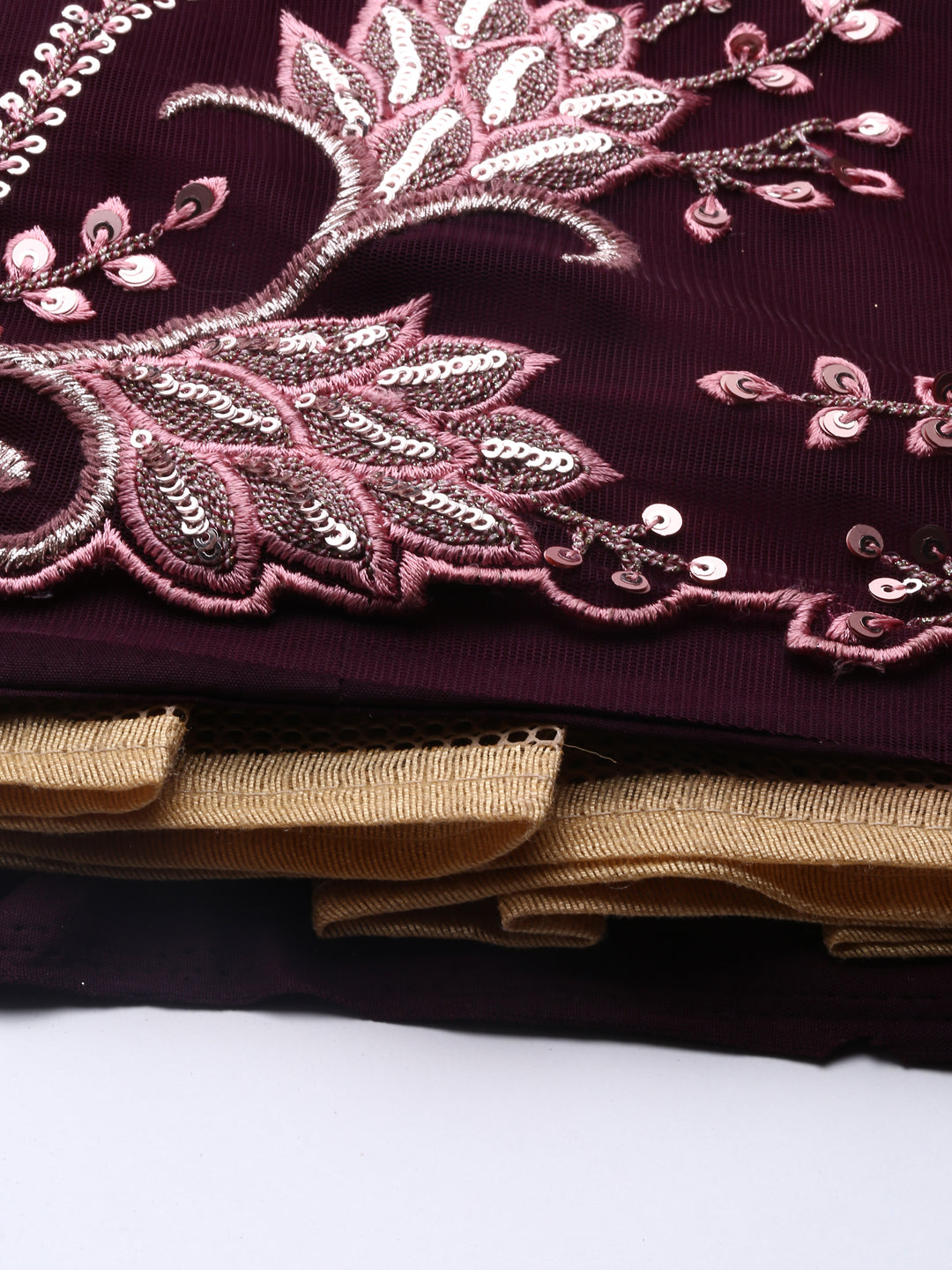 Burgundy Net Sequinse Work Semi-Stitched Lehenga & Unstitched Blouse, Dupatta