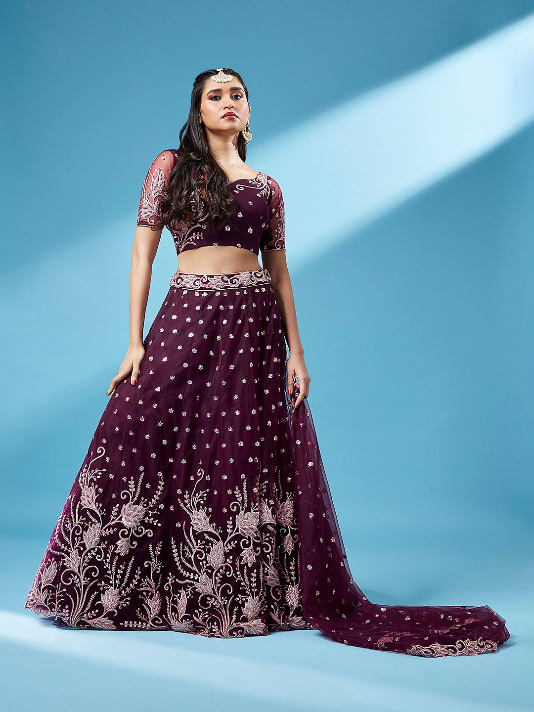 Burgundy Net Sequinse Work Semi-Stitched Lehenga & Unstitched Blouse, Dupatta