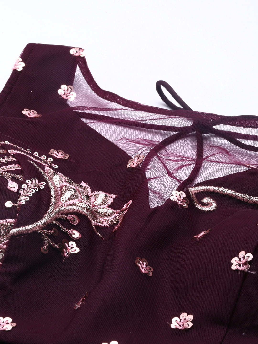 Burgundy Net Sequinse Work Semi-Stitched Lehenga & Unstitched Blouse, Dupatta
