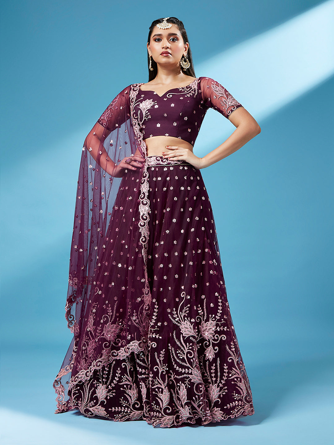 Burgundy Net Sequinse Work Semi-Stitched Lehenga & Unstitched Blouse, Dupatta