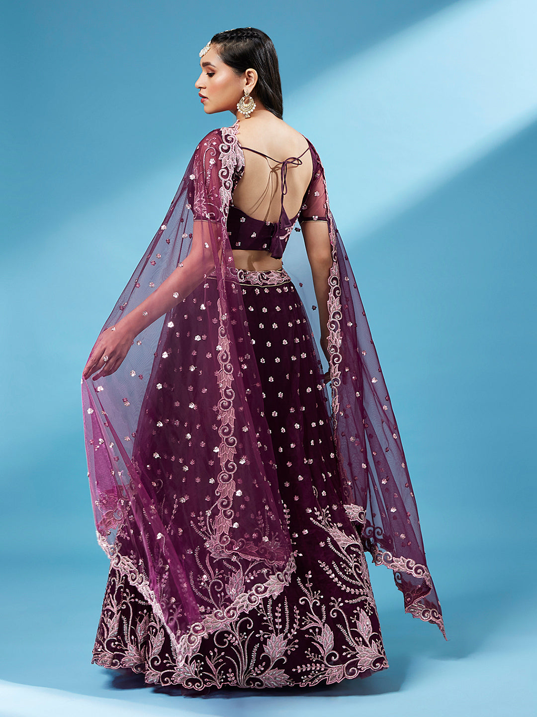 Burgundy Net Sequinse Work Semi-Stitched Lehenga & Unstitched Blouse, Dupatta