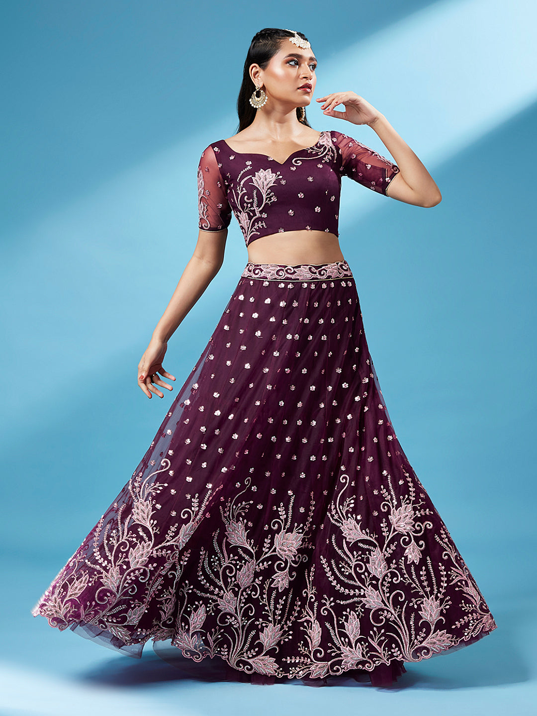 Burgundy Net Sequinse Work Semi-Stitched Lehenga & Unstitched Blouse, Dupatta