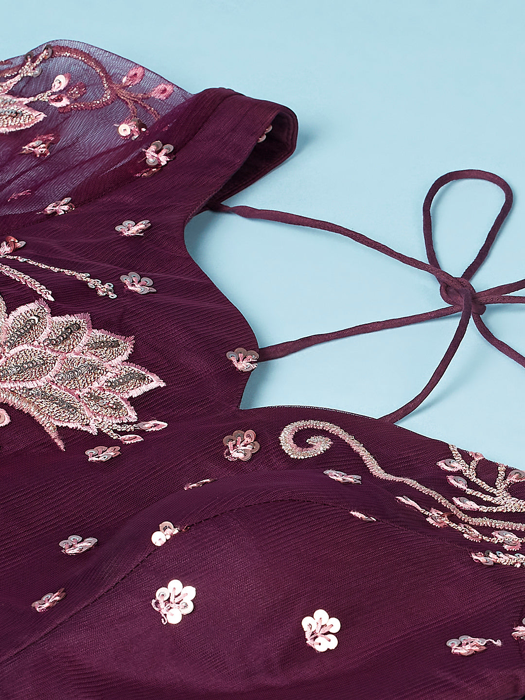 Burgundy Net Sequinse Work Semi-Stitched Lehenga & Unstitched Blouse, Dupatta