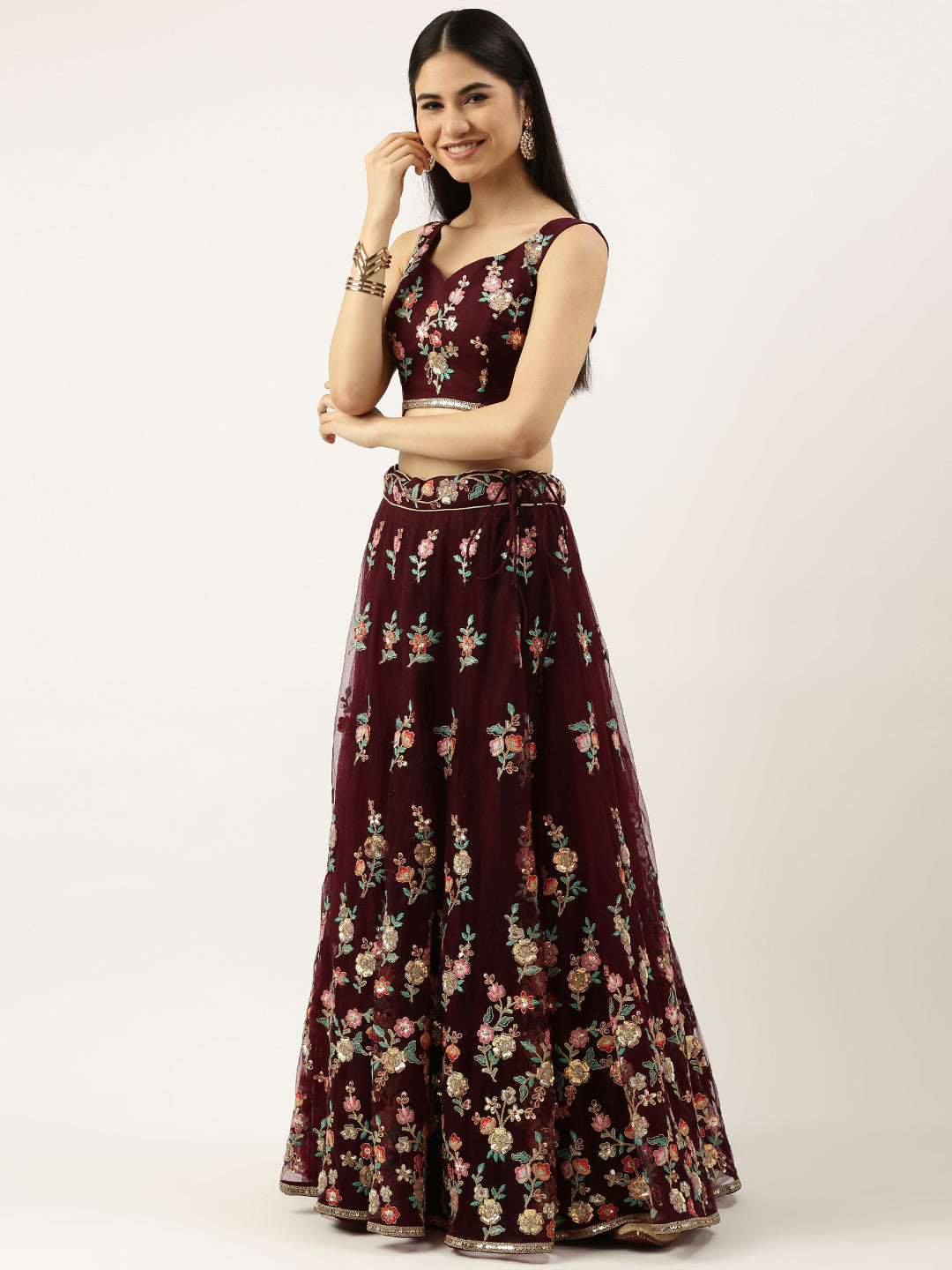 Burgundy Net Sequinse Work Semi-Stitched Lehenga & Unstitched Blouse, Dupatta